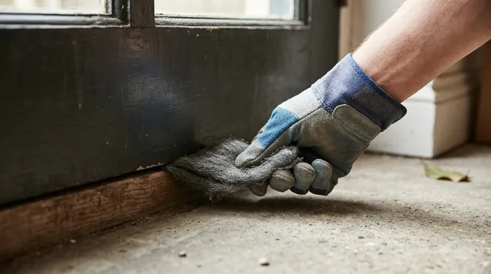 Stahlwolle wird in einen Spalt unter einer Tür gedrückt um Nagern den Zugang zu versperren